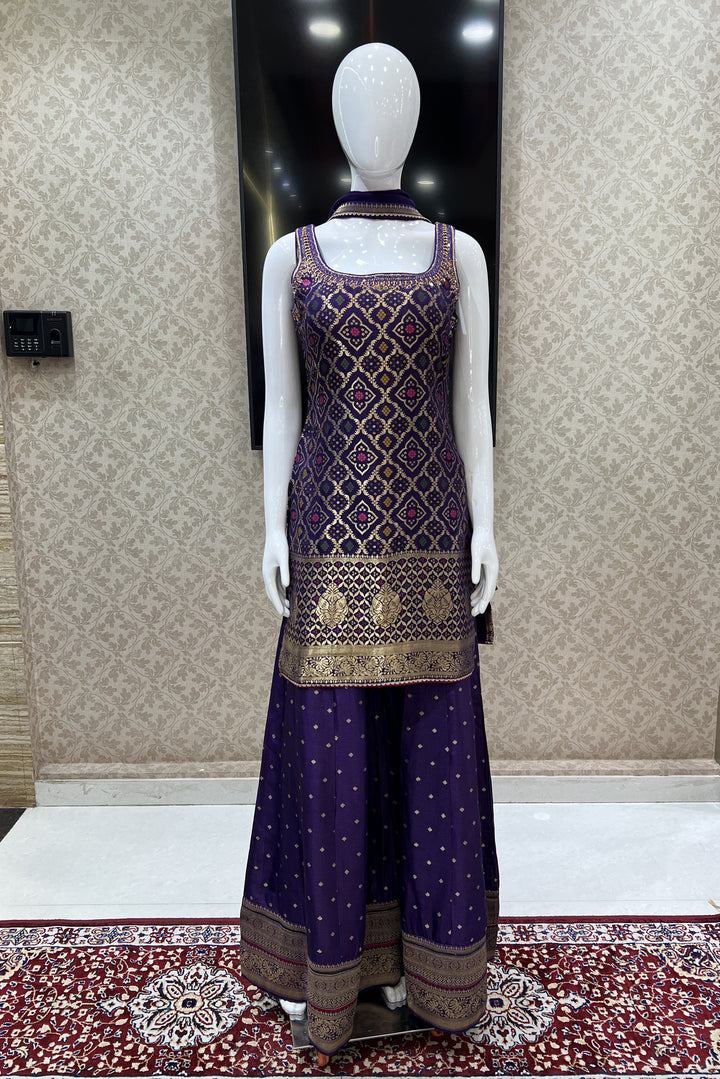 Purple Banaras, Mirror and Thread work Palazzo Salwar Suit