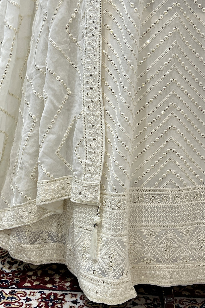 Cream Sequins and Thread work Crop Top Lehenga