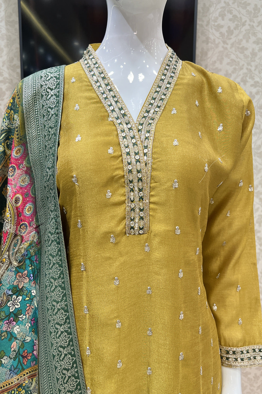 Mustard Sequins, Thread and Zari work Straight Cut Salwar Suit with Digital Print Dupatta