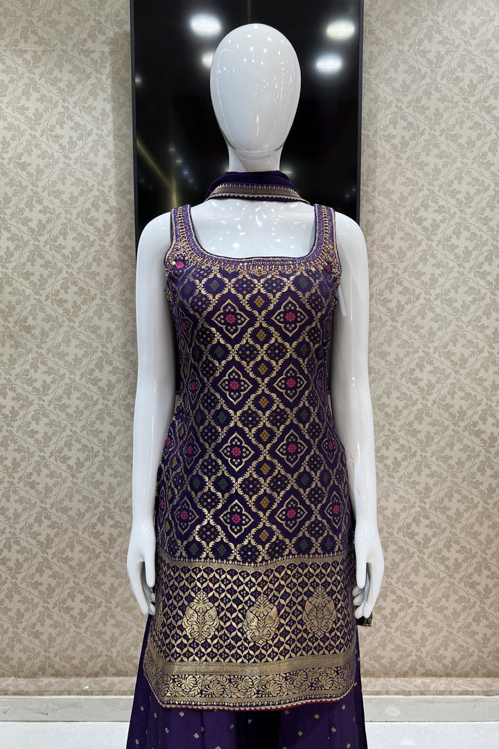 Purple Banaras, Mirror and Thread work Palazzo Salwar Suit