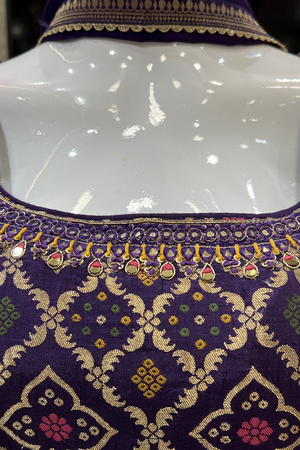 Purple Banaras, Mirror and Thread work Palazzo Salwar Suit