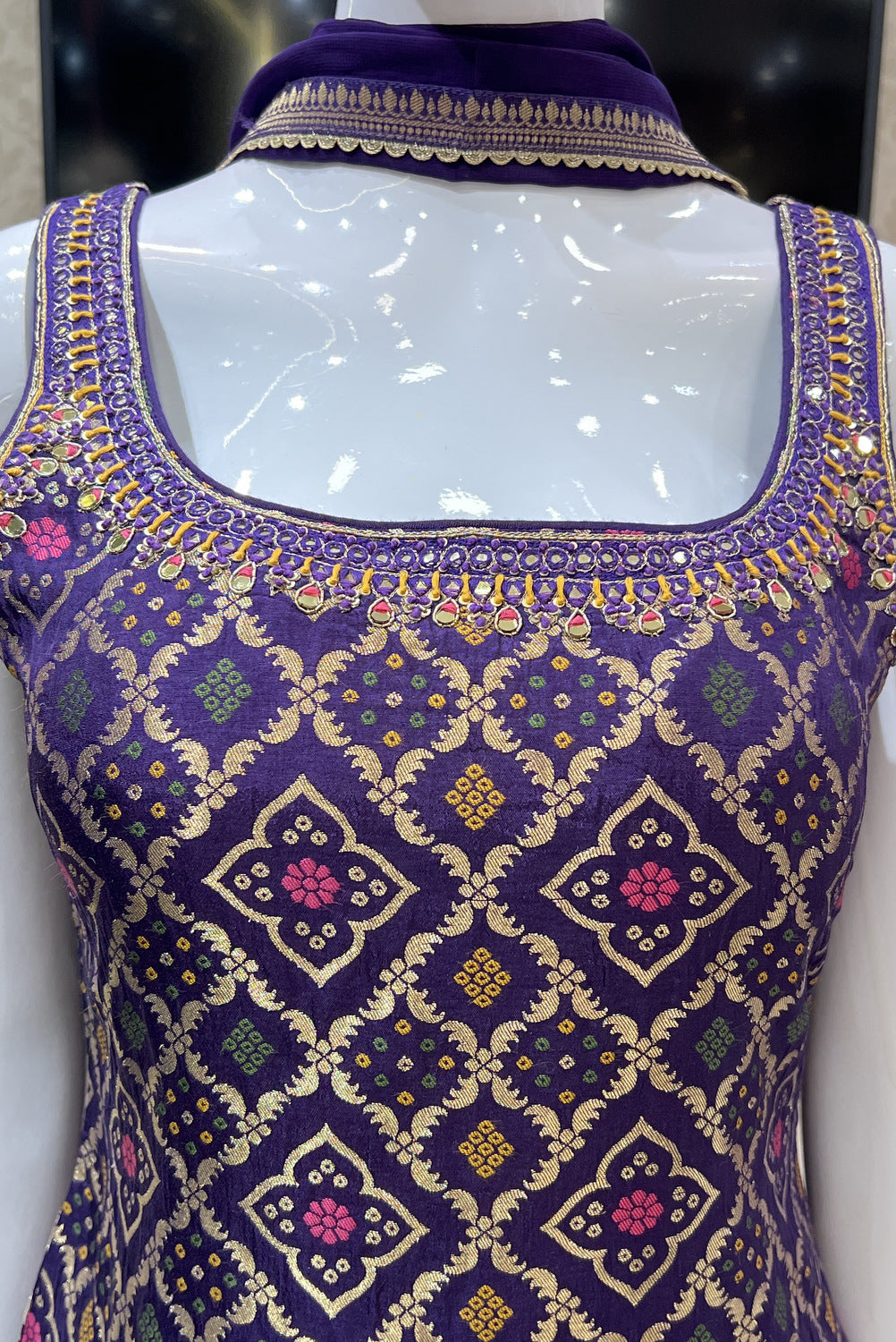 Purple Banaras, Mirror and Thread work Palazzo Salwar Suit