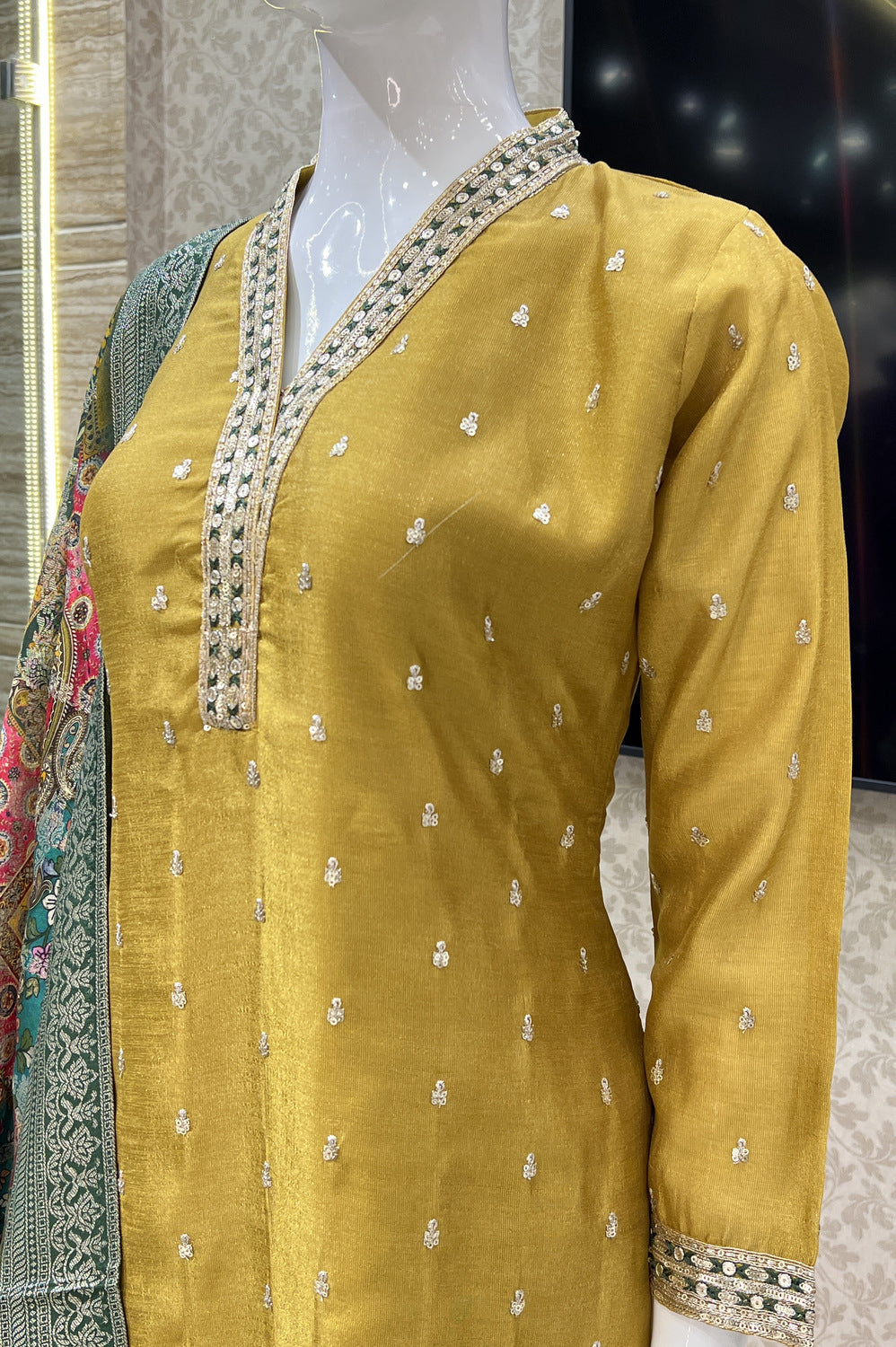 Mustard Sequins, Thread and Zari work Straight Cut Salwar Suit with Digital Print Dupatta