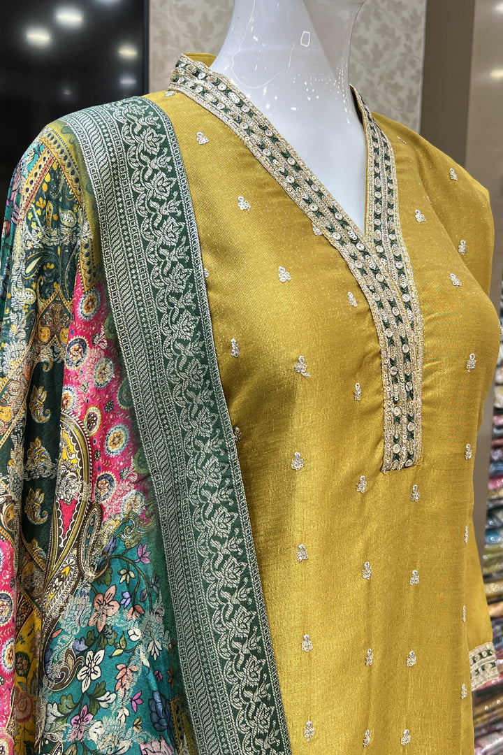 Mustard Sequins, Thread and Zari work Straight Cut Salwar Suit with Digital Print Dupatta