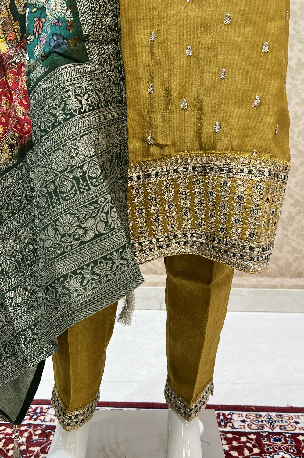 Mustard Sequins, Thread and Zari work Straight Cut Salwar Suit with Digital Print Dupatta