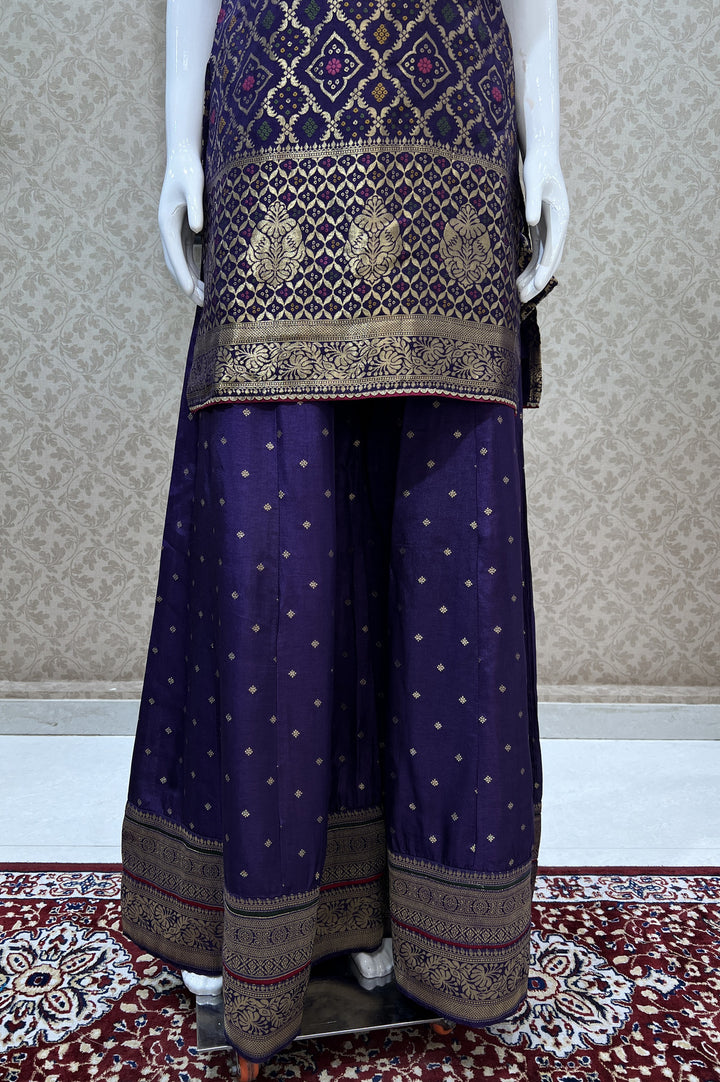 Purple Banaras, Mirror and Thread work Palazzo Salwar Suit