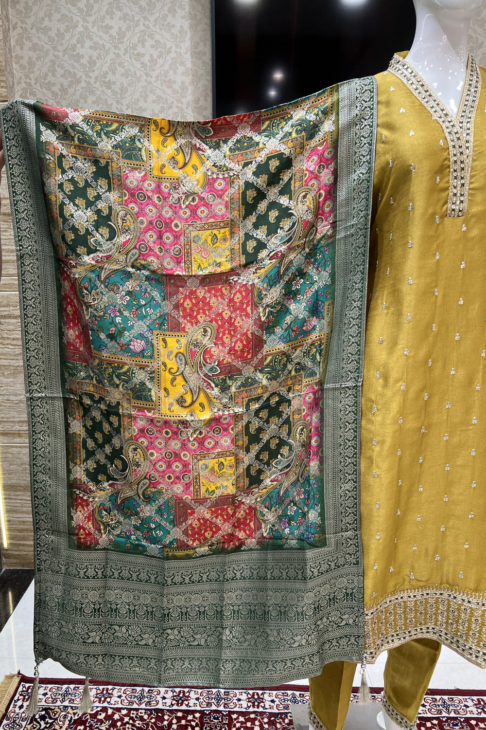 Mustard Sequins, Thread and Zari work Straight Cut Salwar Suit with Digital Print Dupatta