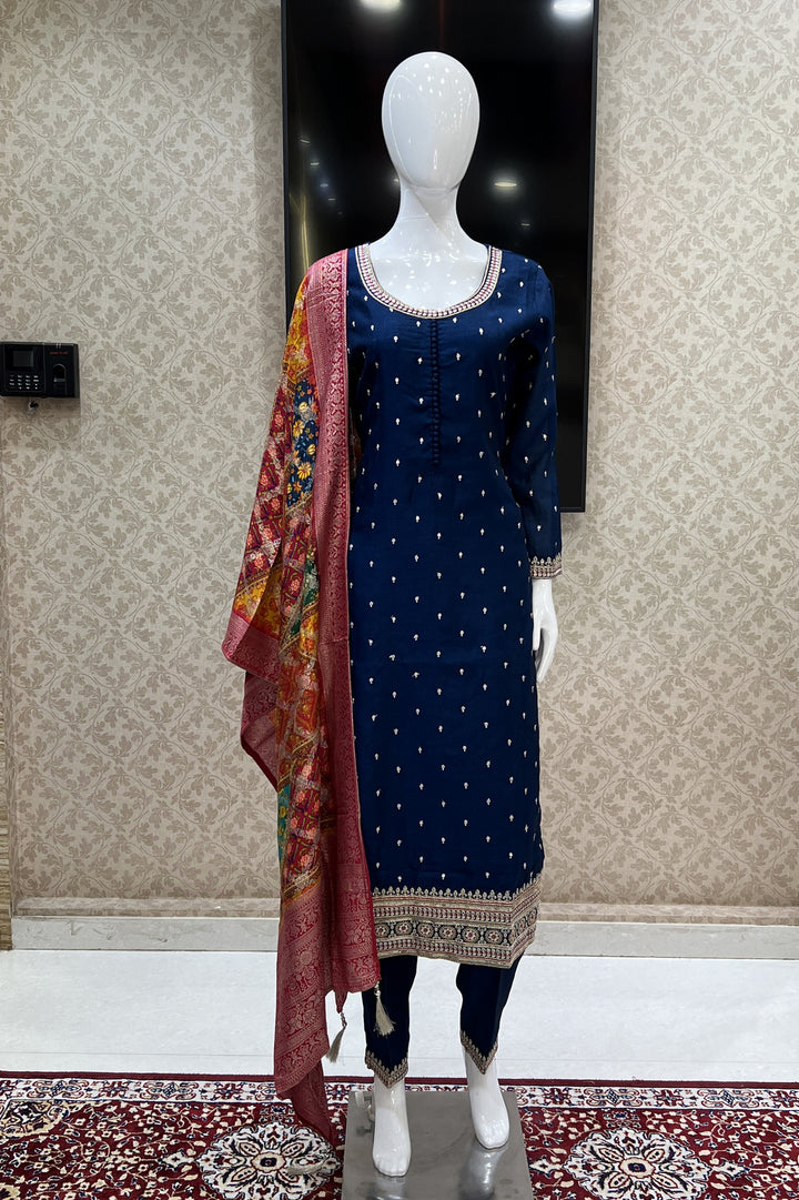 Royal Blue Sequins, Zari and Thread work Straight Cut Salwar Suit