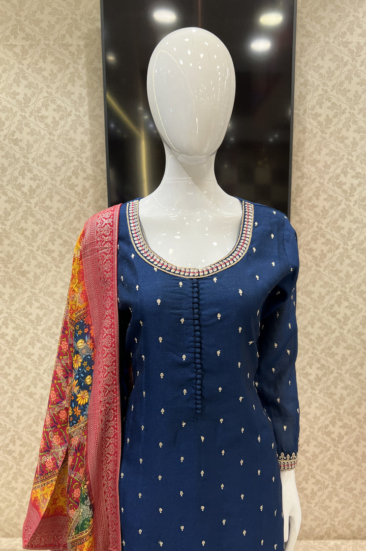 Royal Blue Sequins, Zari and Thread work Straight Cut Salwar Suit