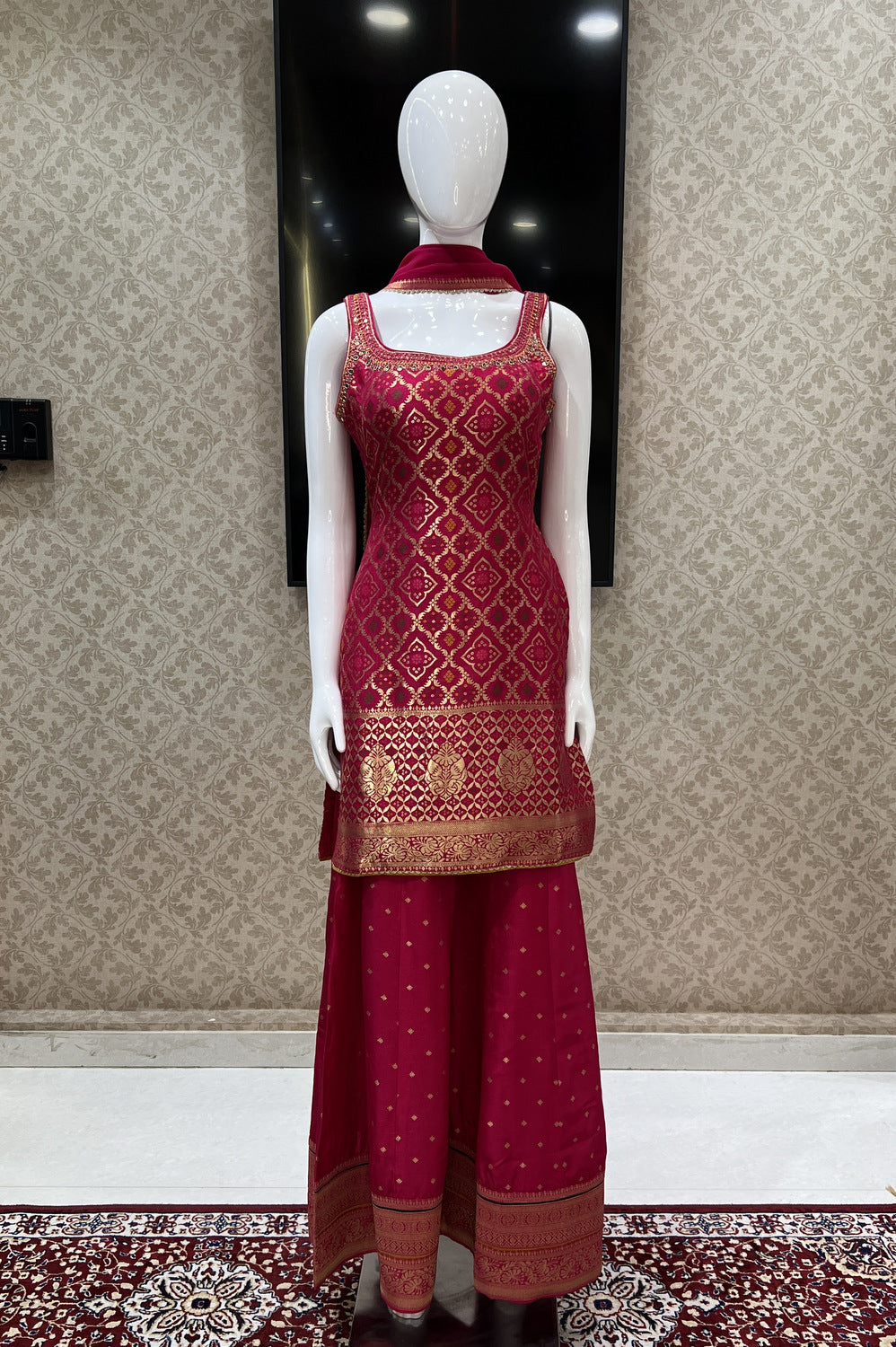 Rani Pink Banaras, Mirror and Thread work Palazzo Salwar Suit