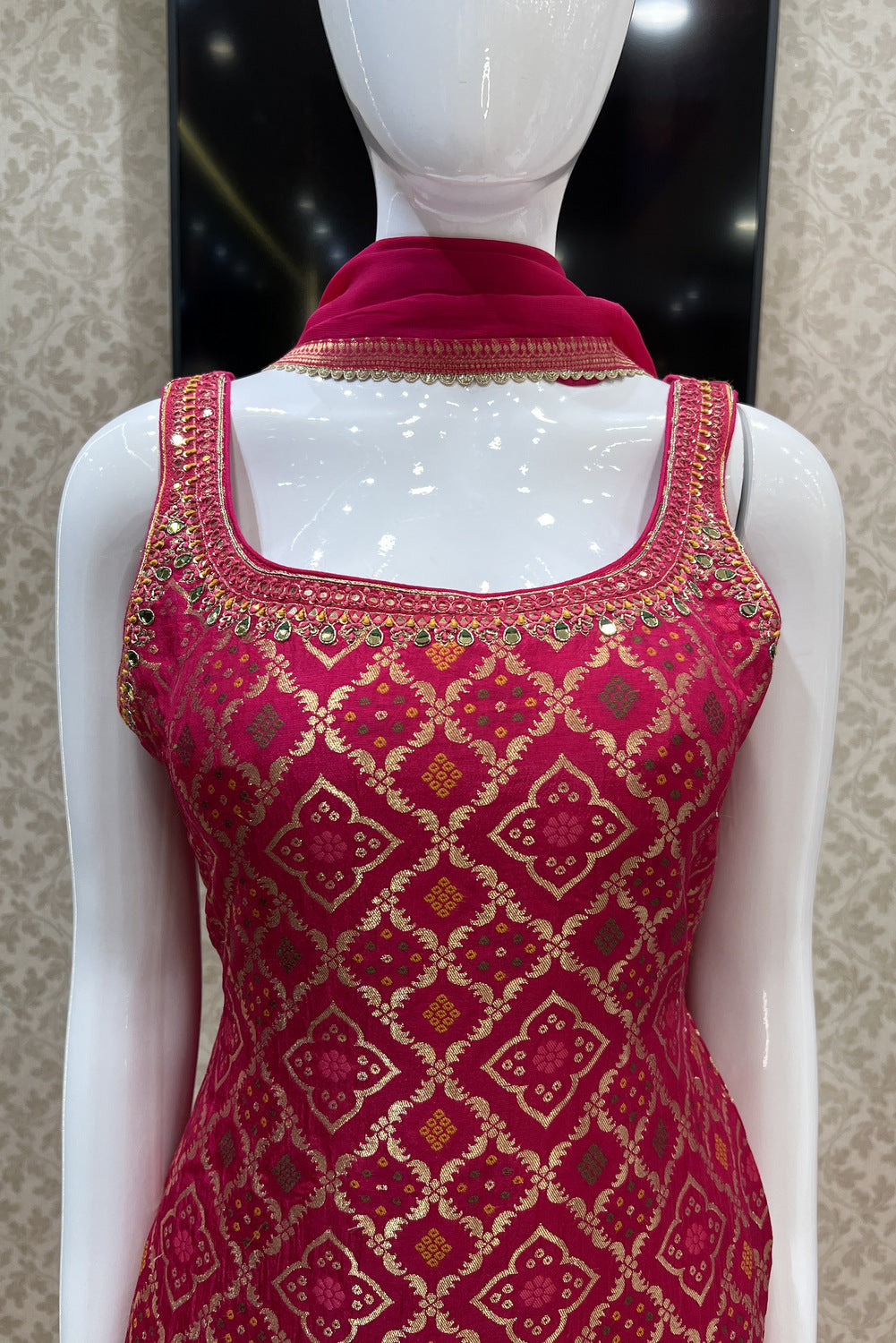 Rani Pink Banaras, Mirror and Thread work Palazzo Salwar Suit