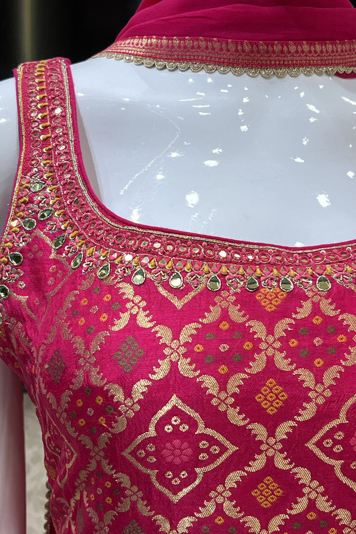 Rani Pink Banaras, Mirror and Thread work Palazzo Salwar Suit