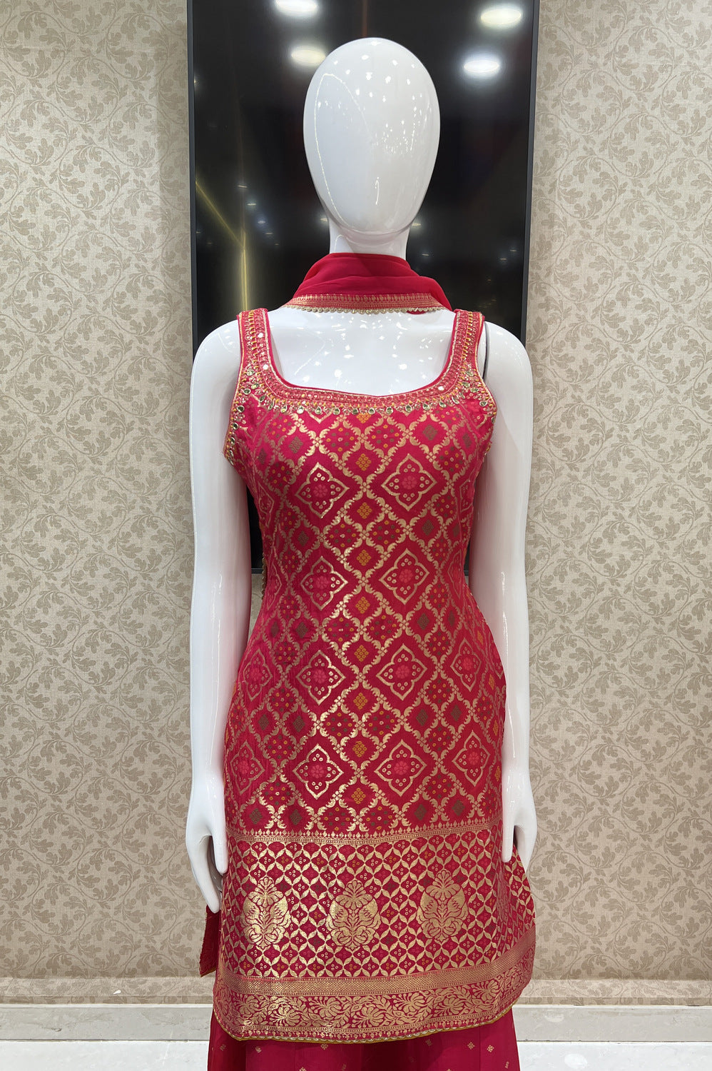 Rani Pink Banaras, Mirror and Thread work Palazzo Salwar Suit