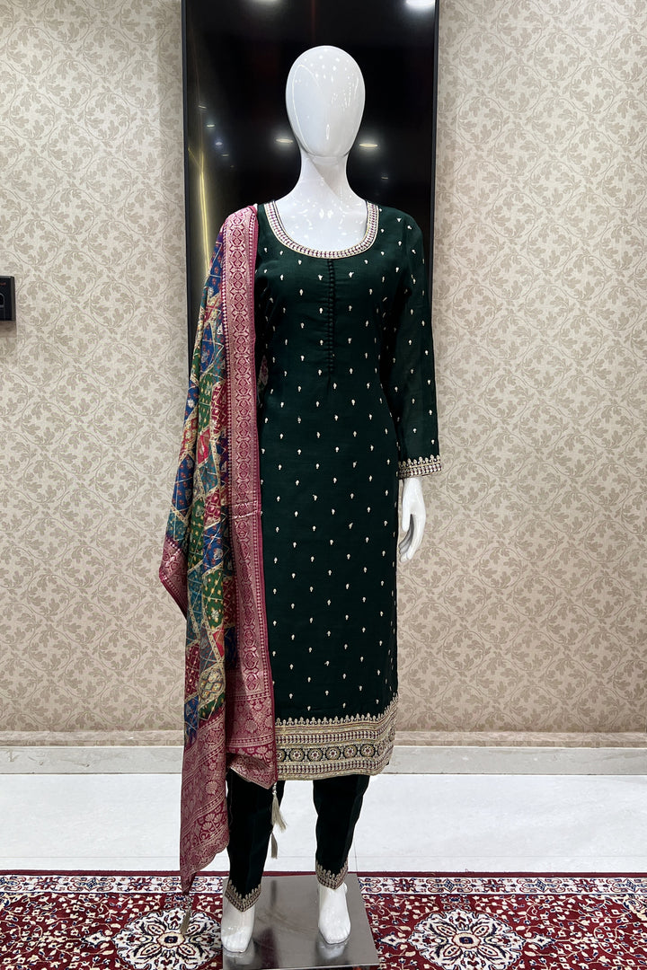 Bottle Green Sequins, Zari and Thread work Straight Cut Salwar Suit