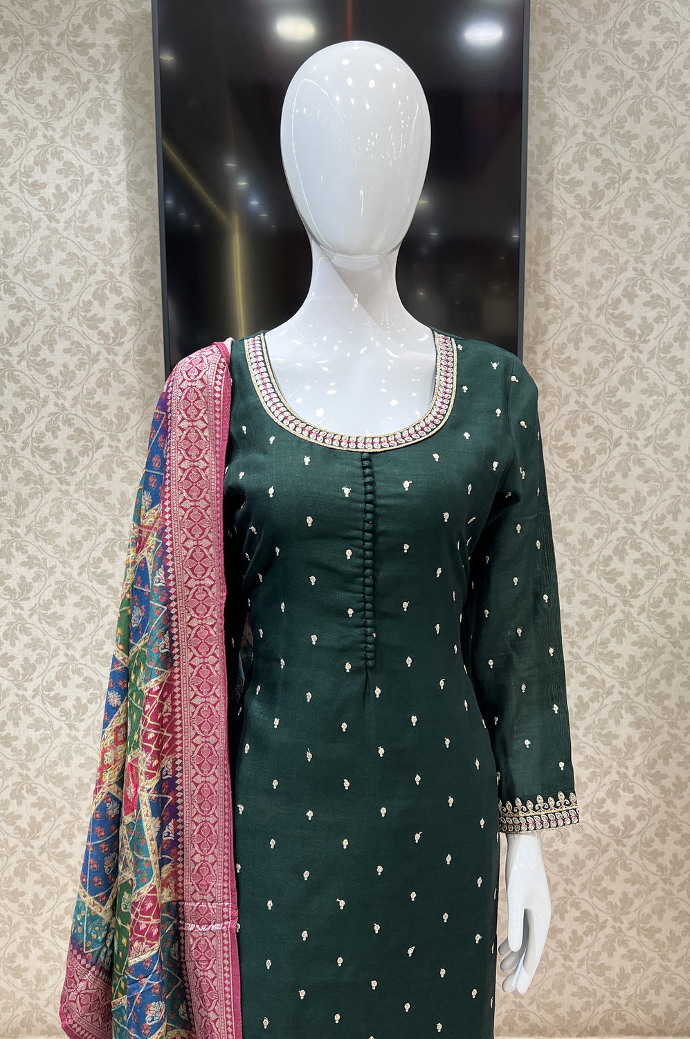 Bottle Green Sequins, Zari and Thread work Straight Cut Salwar Suit