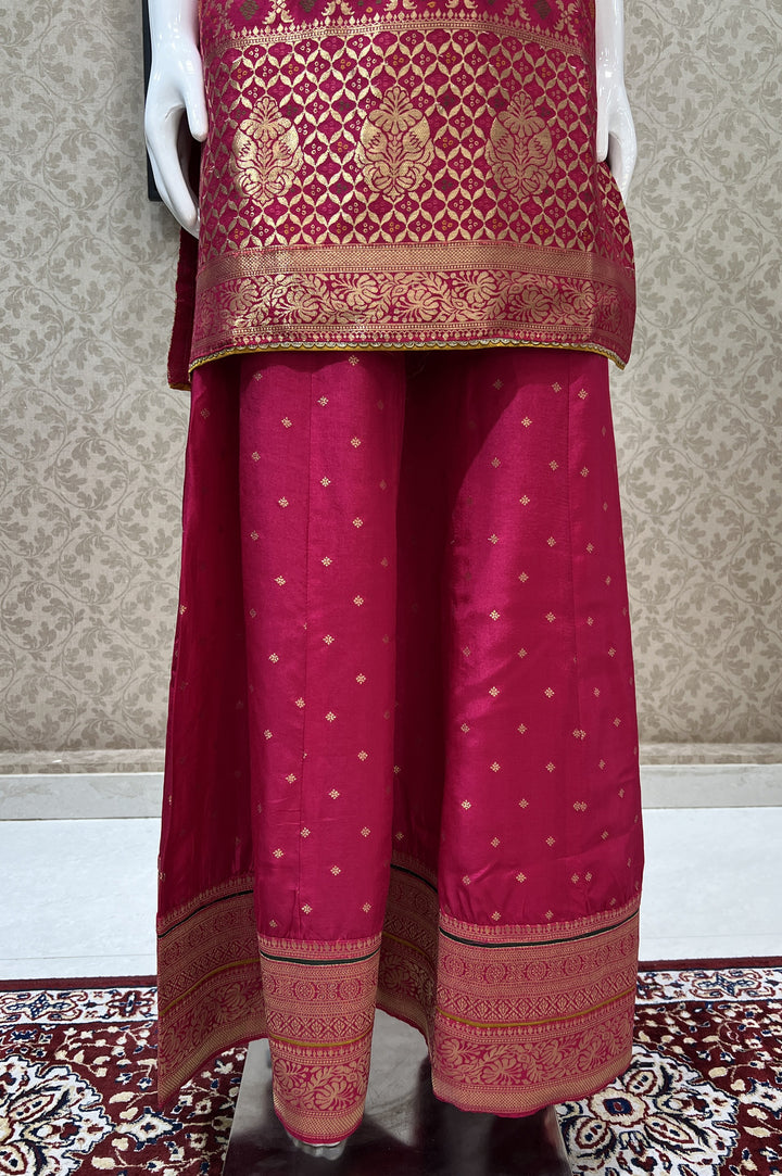 Rani Pink Banaras, Mirror and Thread work Palazzo Salwar Suit