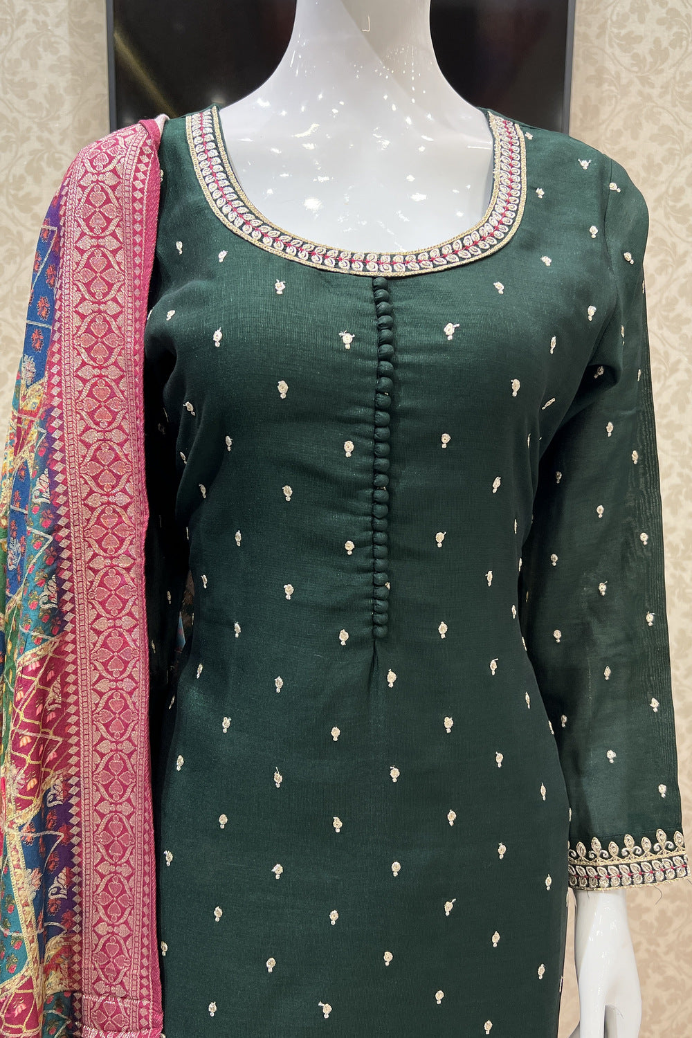 Bottle Green Sequins, Zari and Thread work Straight Cut Salwar Suit