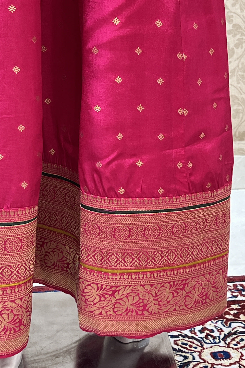 Rani Pink Banaras, Mirror and Thread work Palazzo Salwar Suit