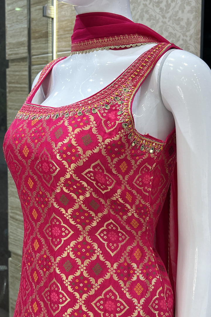 Rani Pink Banaras, Mirror and Thread work Palazzo Salwar Suit