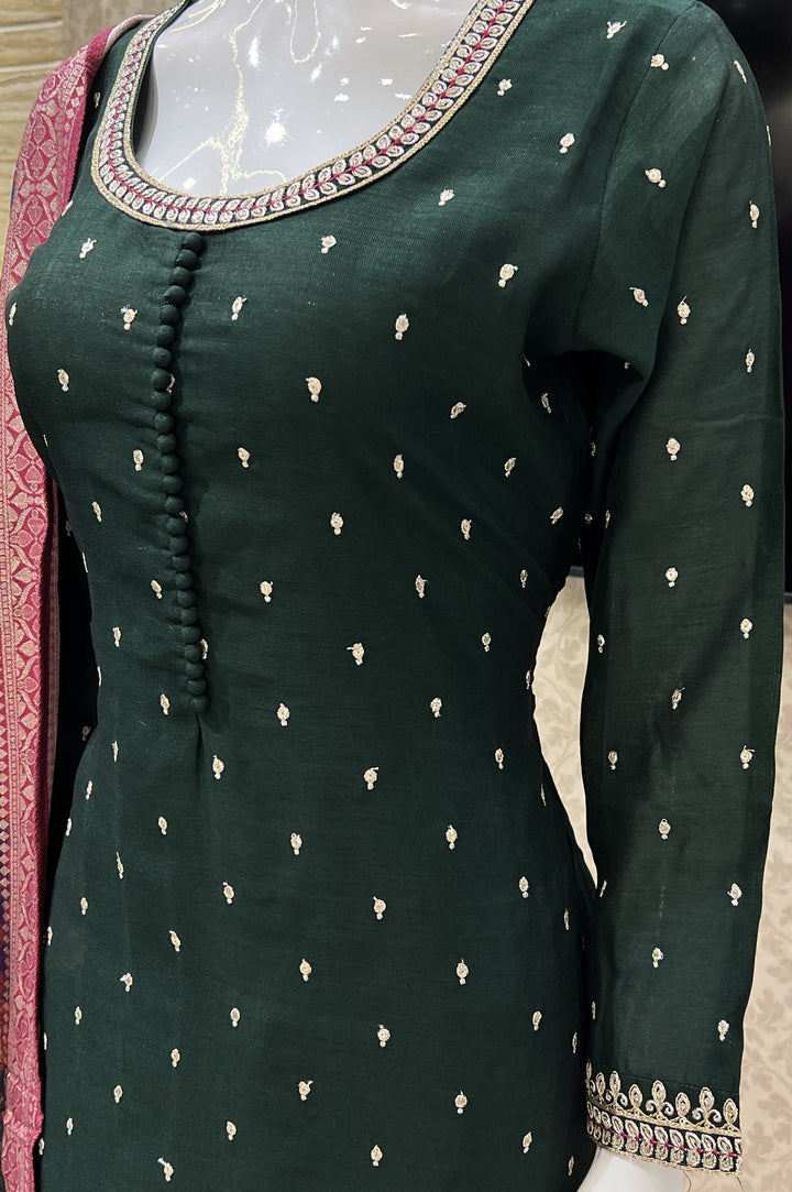 Bottle Green Sequins, Zari and Thread work Straight Cut Salwar Suit