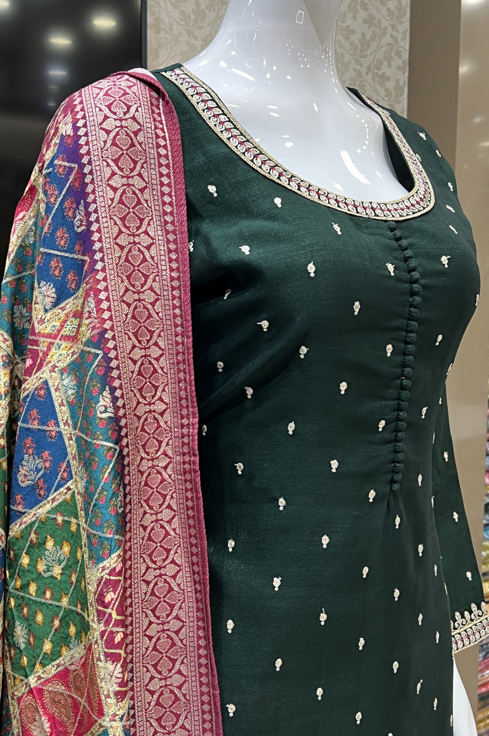 Bottle Green Sequins, Zari and Thread work Straight Cut Salwar Suit