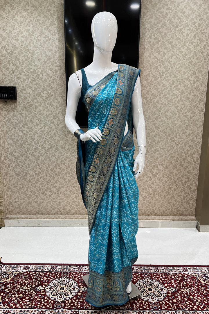 Rama Blue Banaras work and Bandini Print Saree