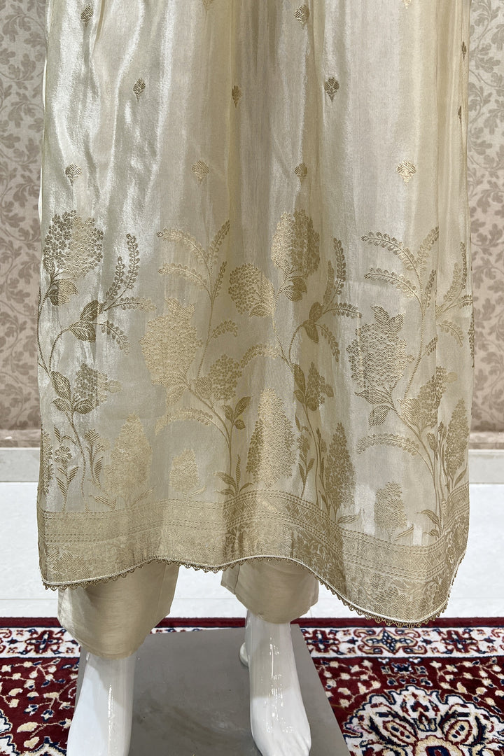 Beige Banaras, Beads, Stone, Mirror and Zardozi work Salwar Suit with Straight Pants