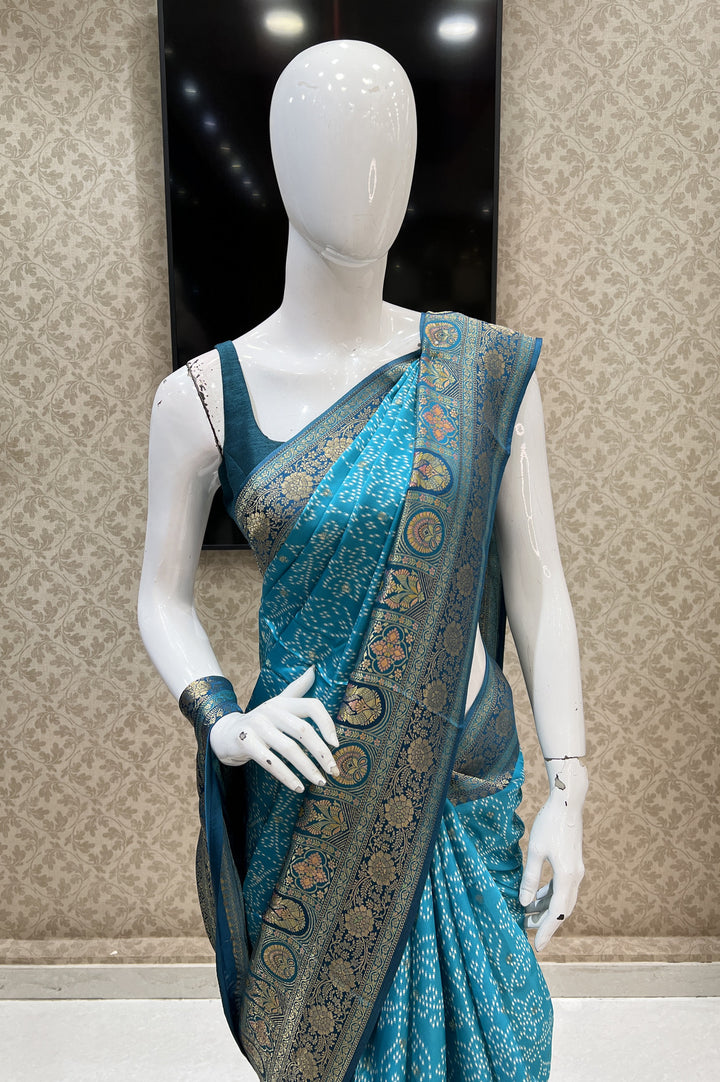 Rama Blue Banaras work and Bandini Print Saree