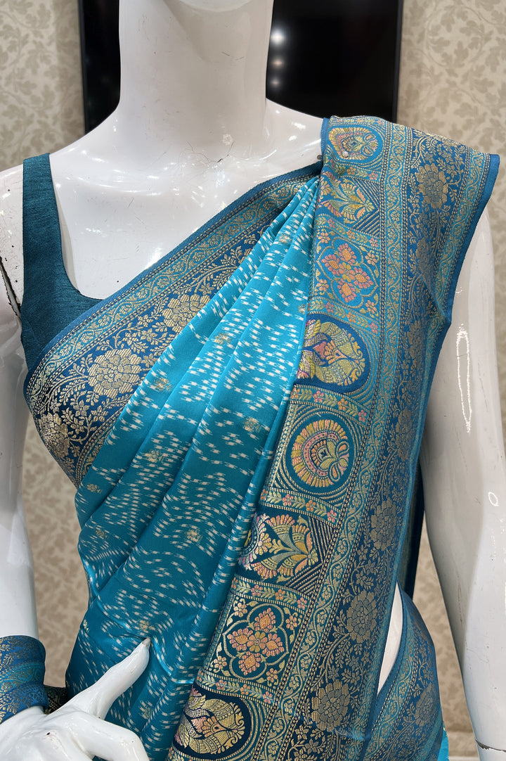 Rama Blue Banaras work and Bandini Print Saree