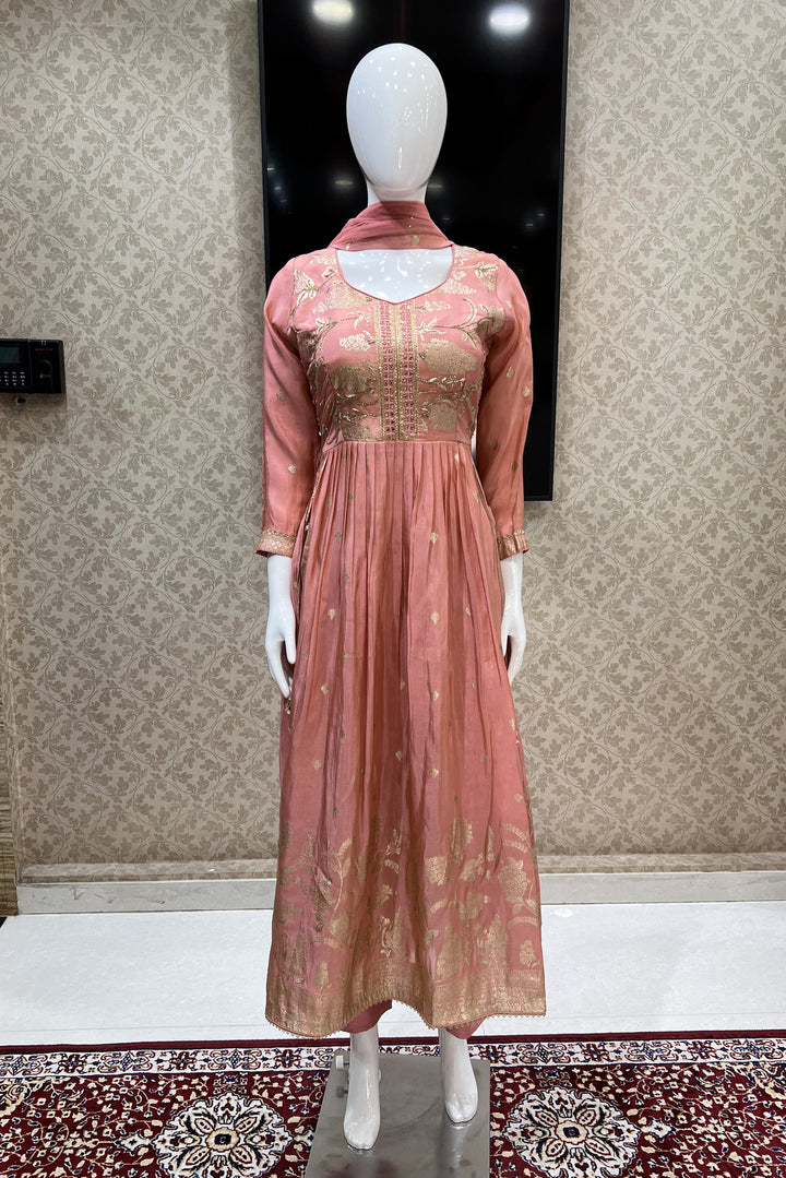 Peach Banaras, Beads, Stone, Mirror and Zardozi work Salwar Suit with Straight Pants