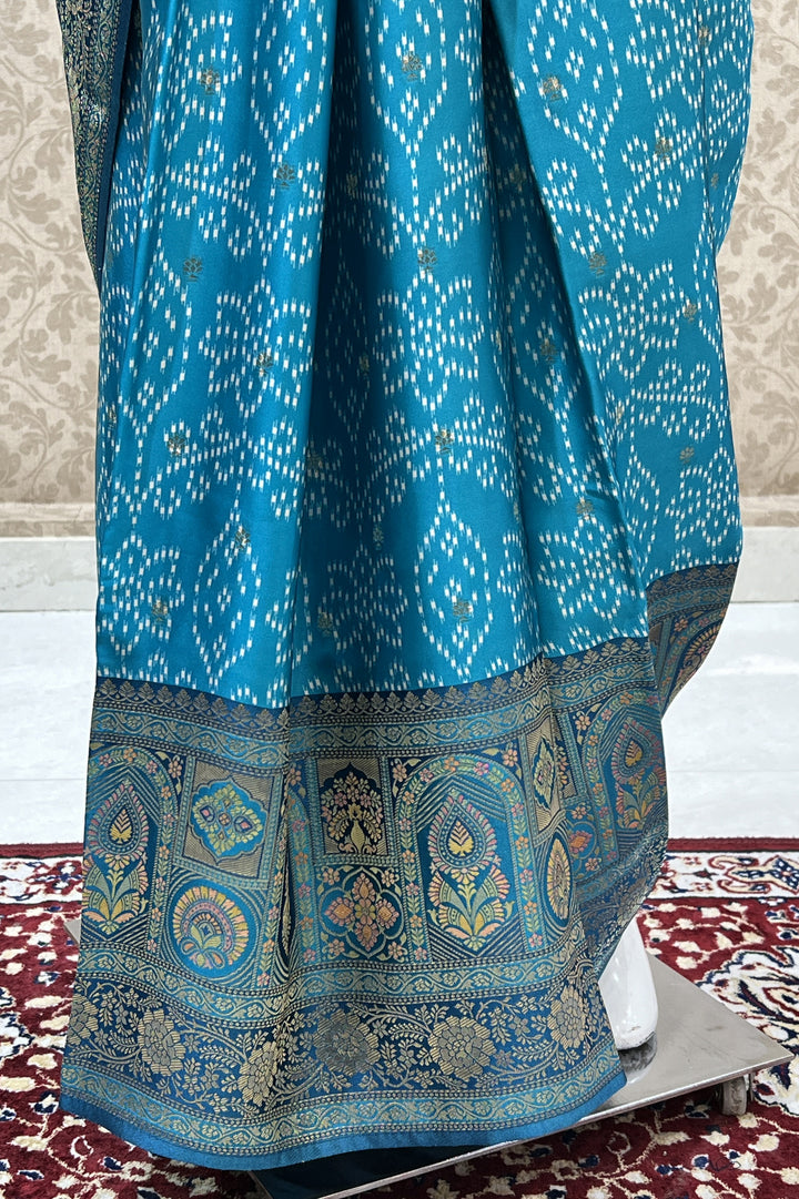 Rama Blue Banaras work and Bandini Print Saree