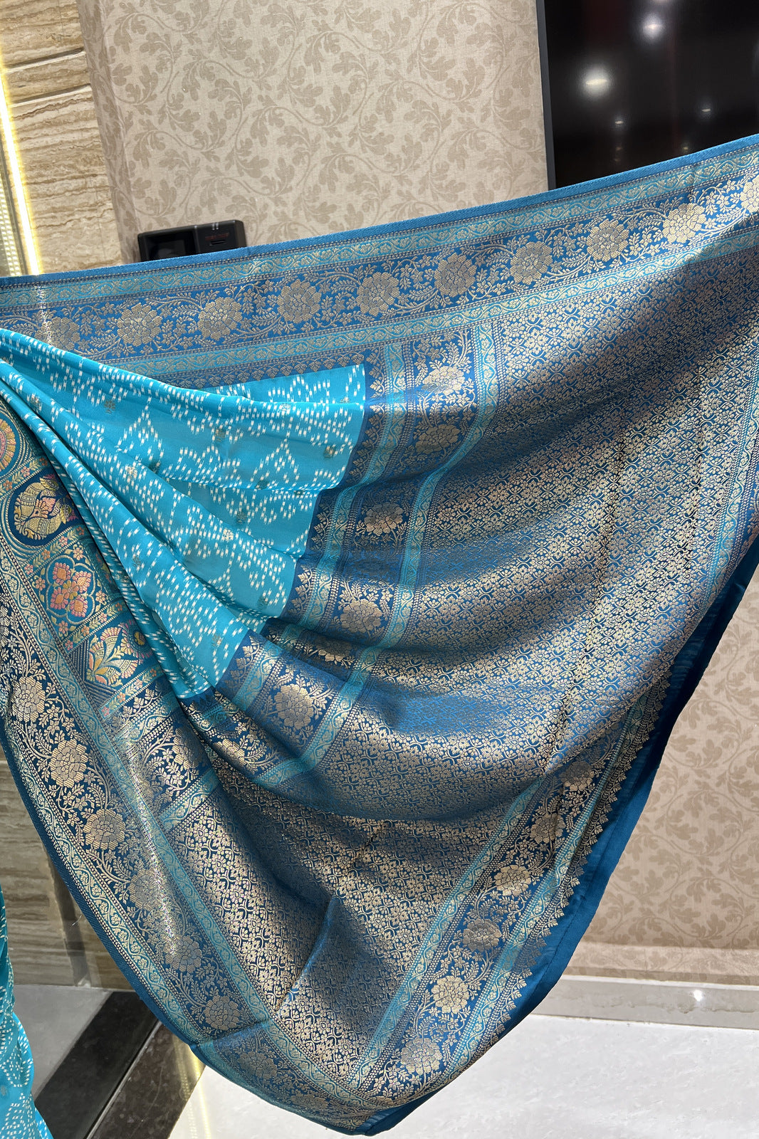 Rama Blue Banaras work and Bandini Print Saree