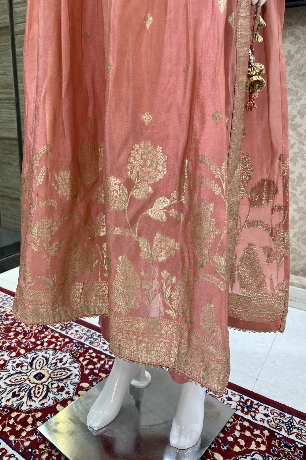 Peach Banaras, Beads, Stone, Mirror and Zardozi work Salwar Suit with Straight Pants