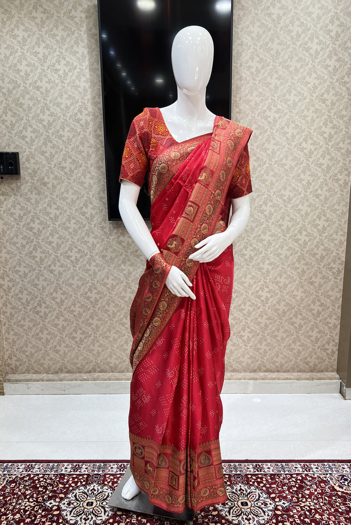 Red Banaras work and Bandini Print Saree