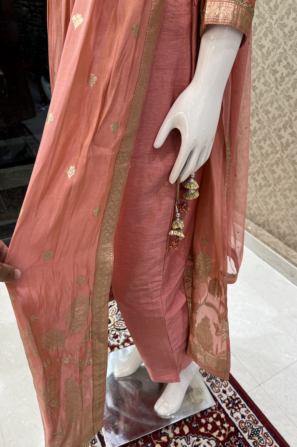 Peach Banaras, Beads, Stone, Mirror and Zardozi work Salwar Suit with Straight Pants