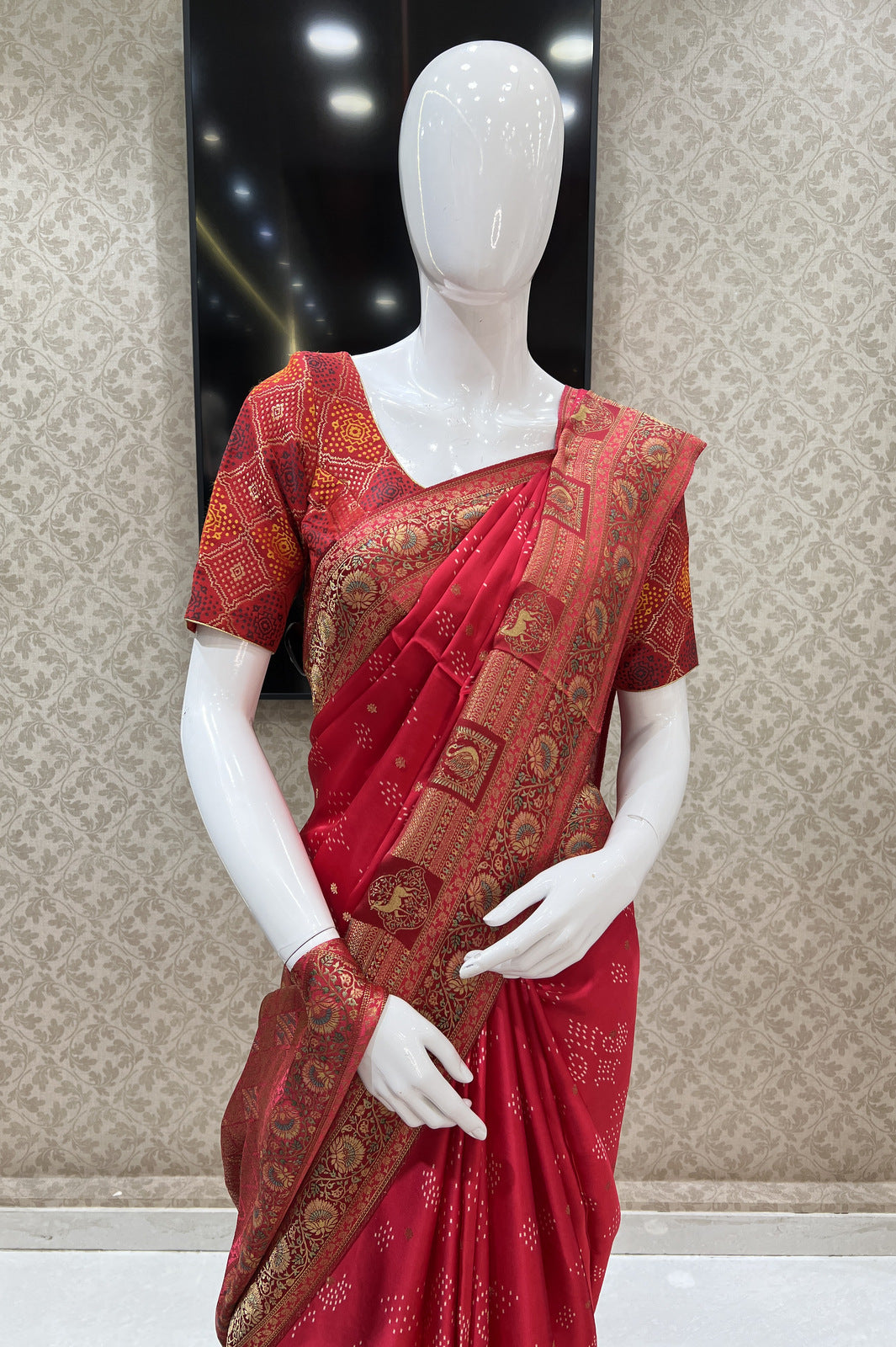 Red Banaras work and Bandini Print Saree