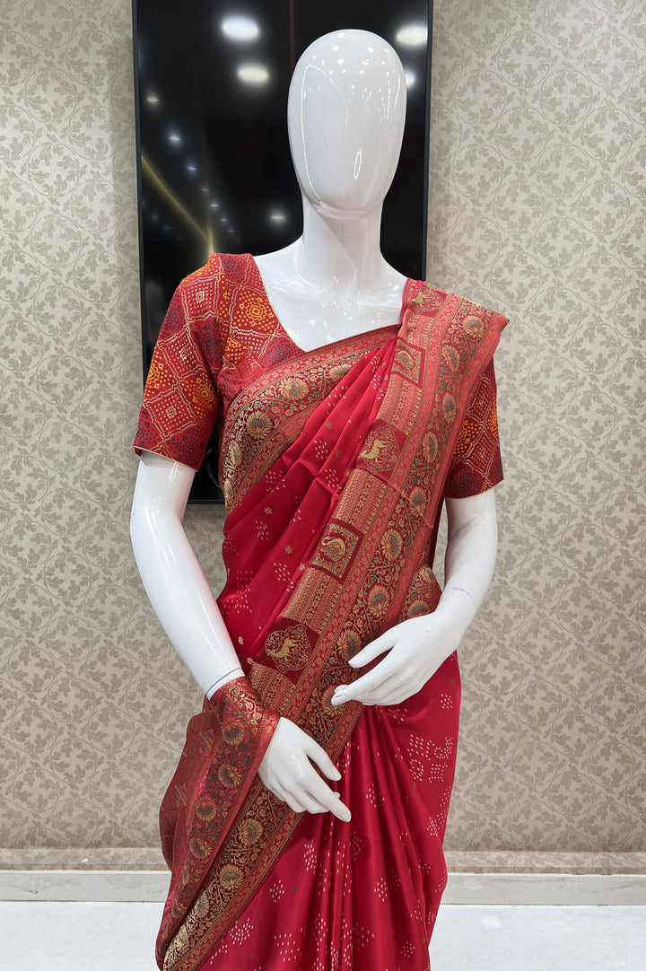 Red Banaras work and Bandini Print Saree