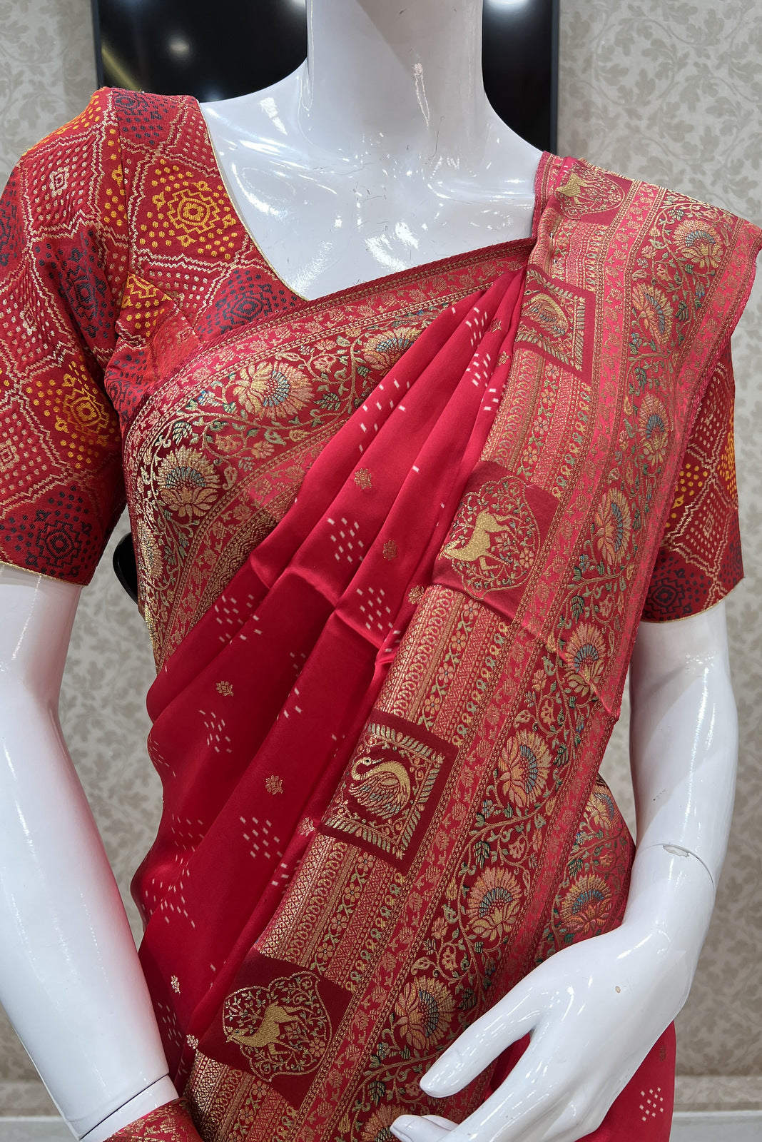 Red Banaras work and Bandini Print Saree