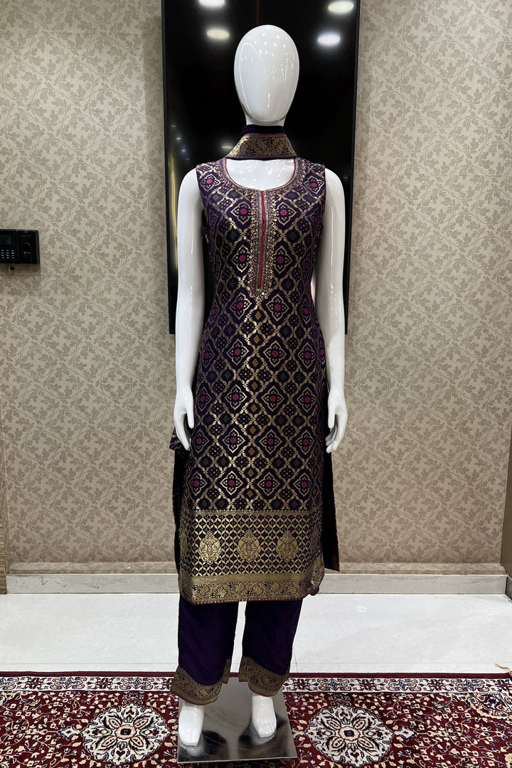 Purple Banaras, Sequins, Mirror, Thread and Zardozi work Straight Cut Salwar Suit