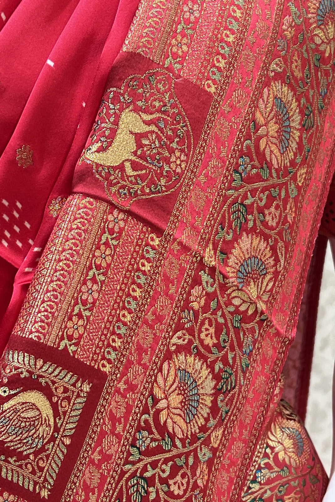 Red Banaras work and Bandini Print Saree