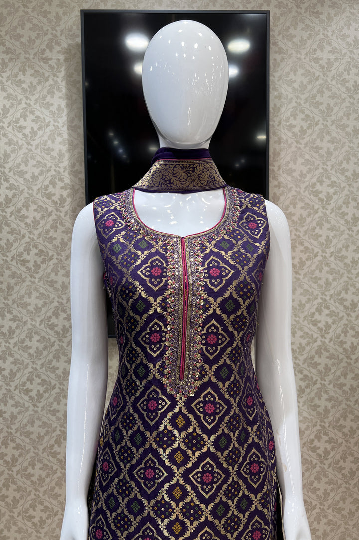 Purple Banaras, Sequins, Mirror, Thread and Zardozi work Straight Cut Salwar Suit