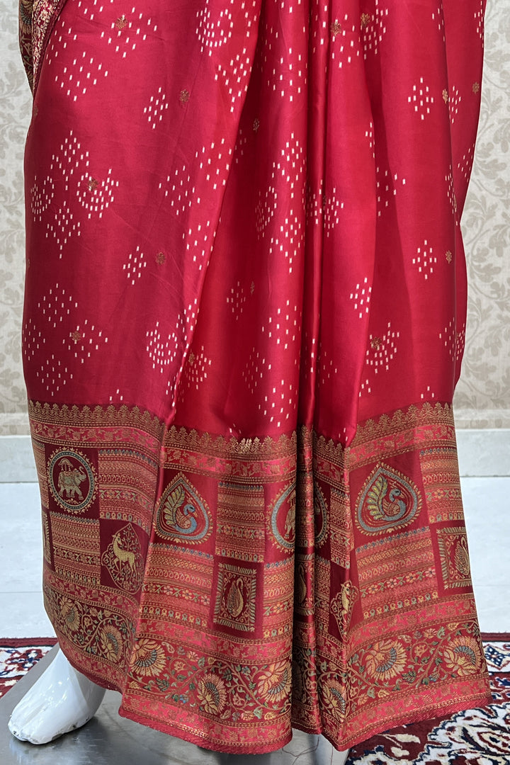 Red Banaras work and Bandini Print Saree