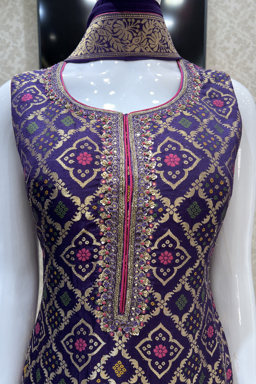 Purple Banaras, Sequins, Mirror, Thread and Zardozi work Straight Cut Salwar Suit