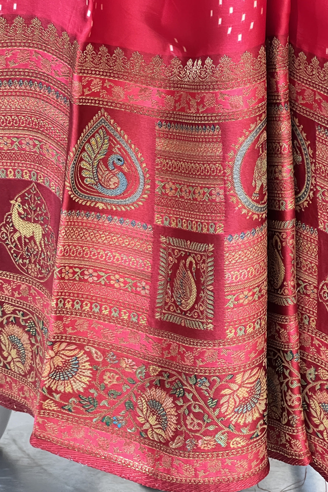 Red Banaras work and Bandini Print Saree