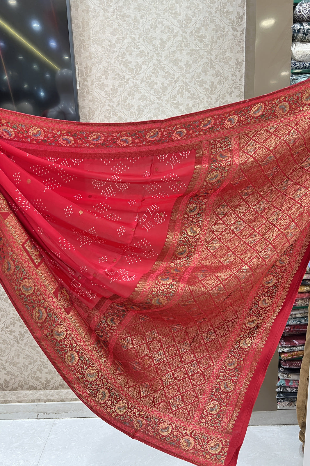 Red Banaras work and Bandini Print Saree