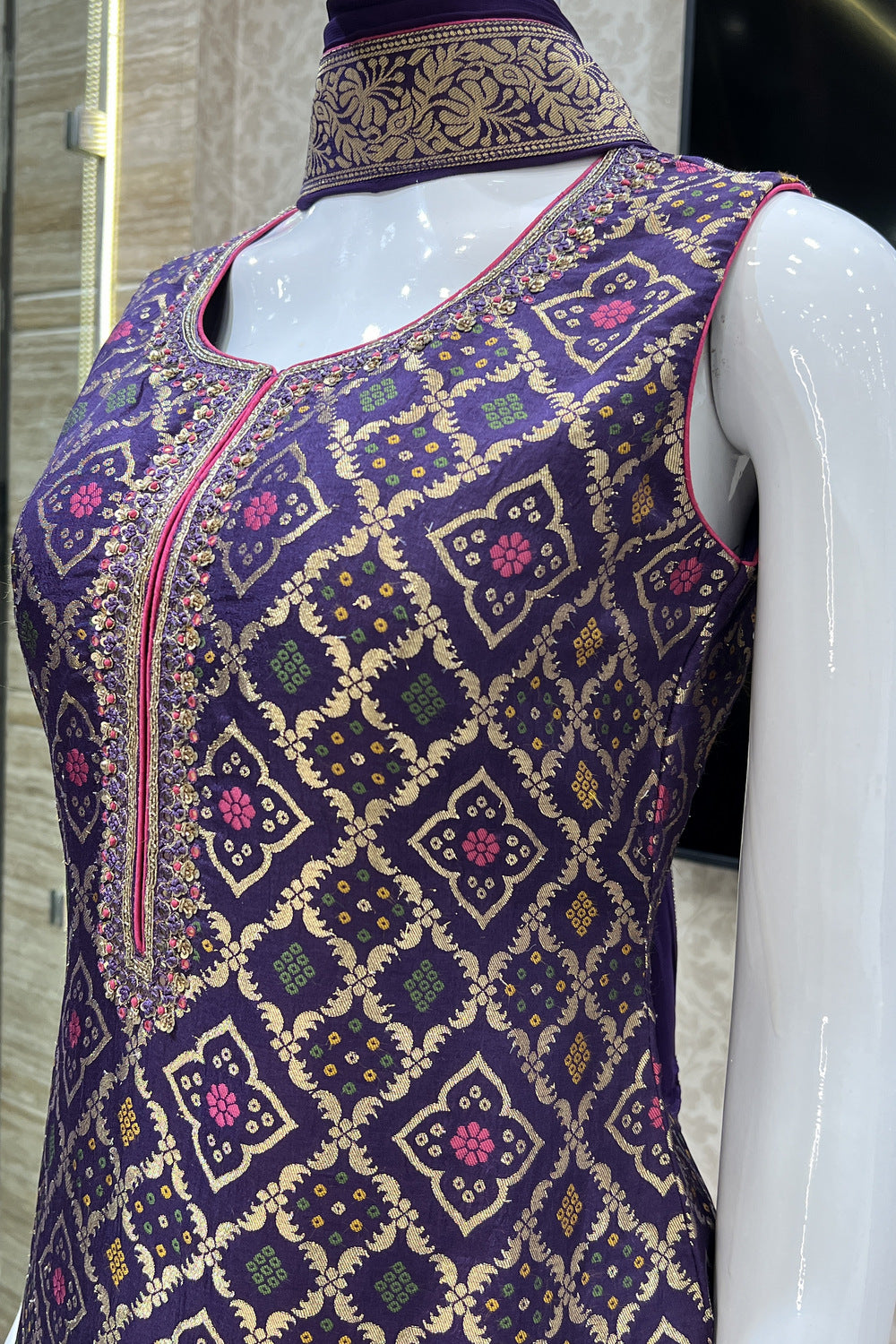 Purple Banaras, Sequins, Mirror, Thread and Zardozi work Straight Cut Salwar Suit