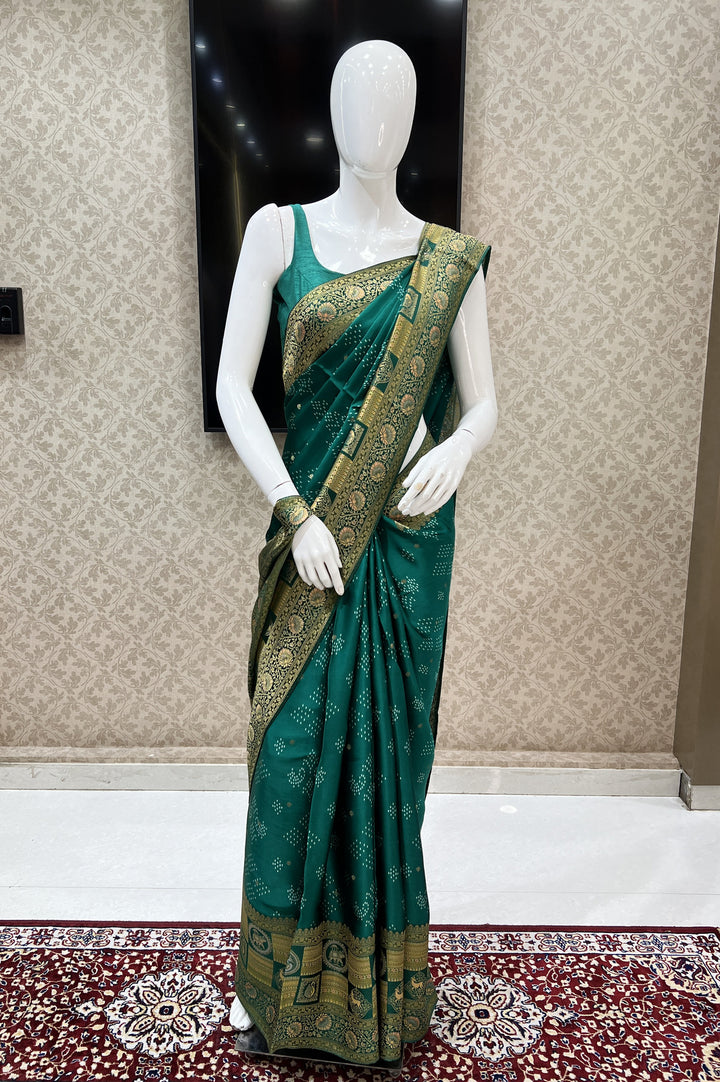 Leaf Green Banaras work and Bandini Print Saree