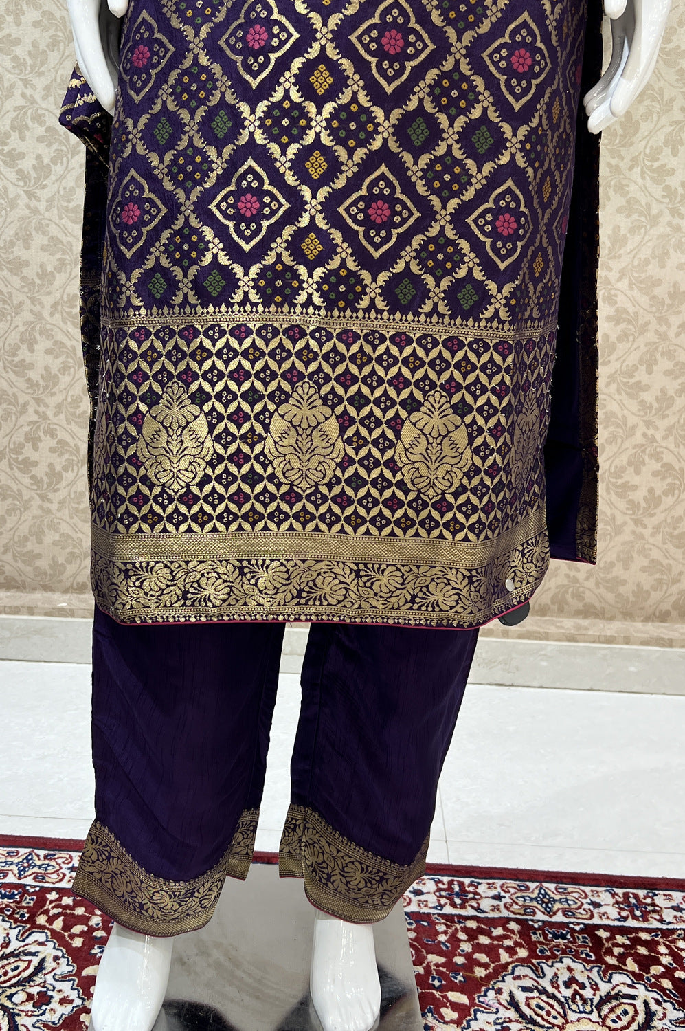 Purple Banaras, Sequins, Mirror, Thread and Zardozi work Straight Cut Salwar Suit