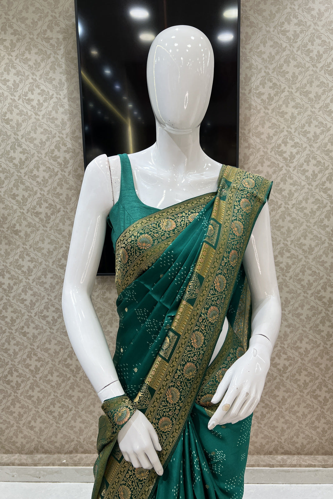 Leaf Green Banaras work and Bandini Print Saree