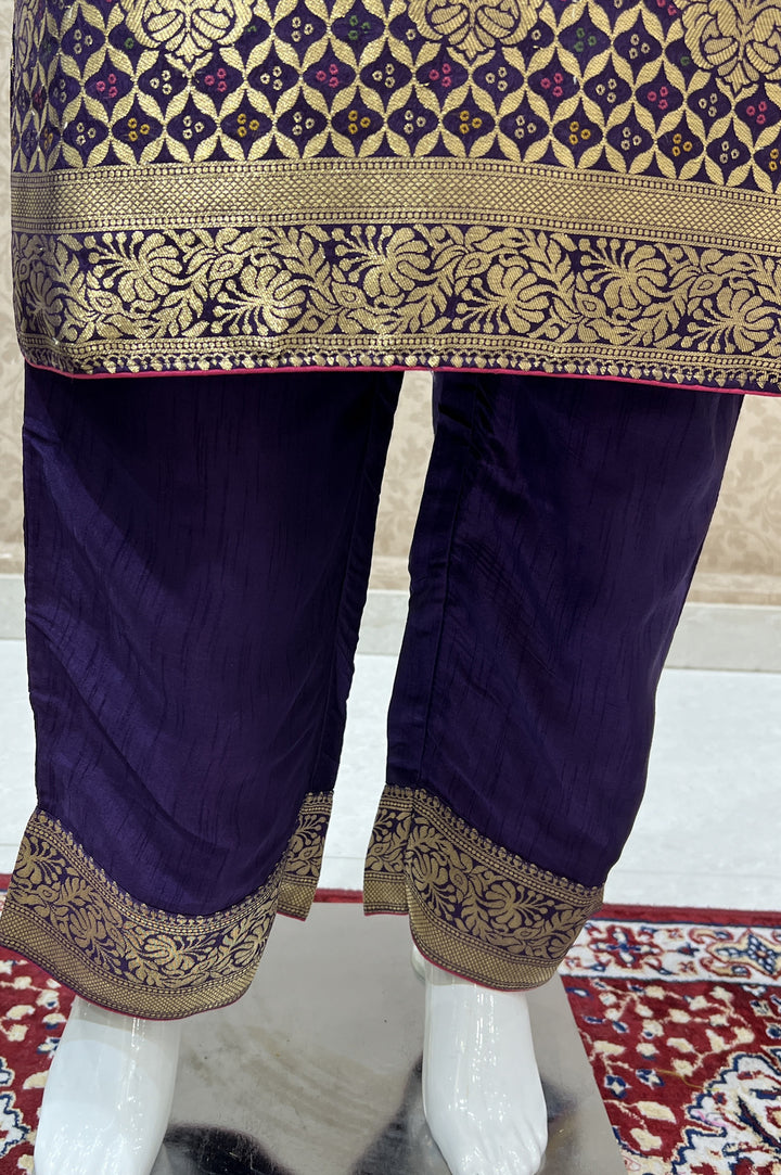 Purple Banaras, Sequins, Mirror, Thread and Zardozi work Straight Cut Salwar Suit